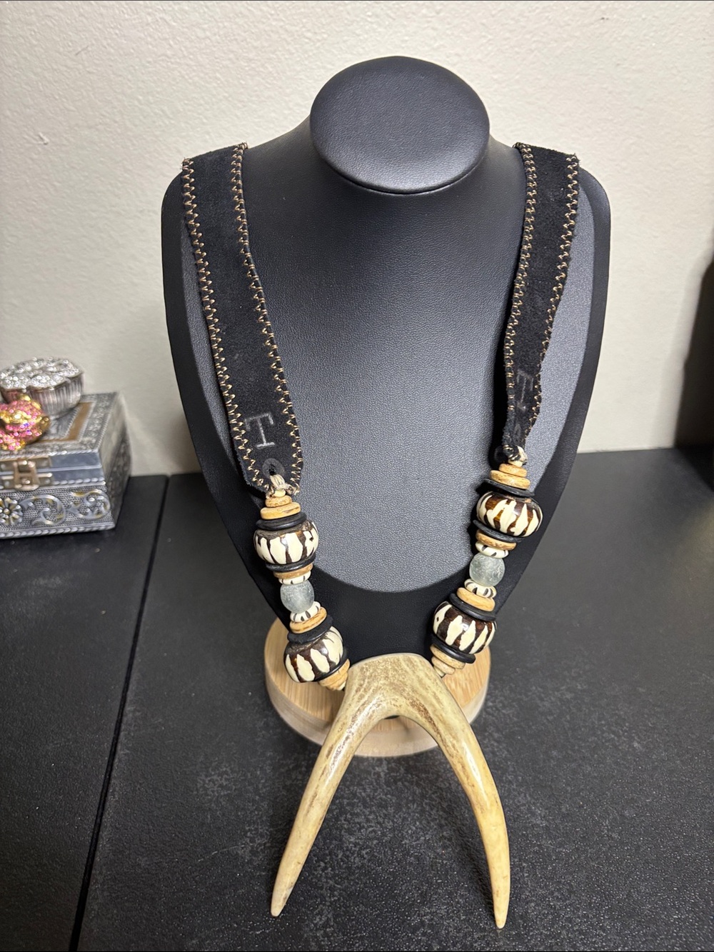 Twine & Twig Handcrafted Antler Black Leather Tan Tribal Bead Statement Necklace